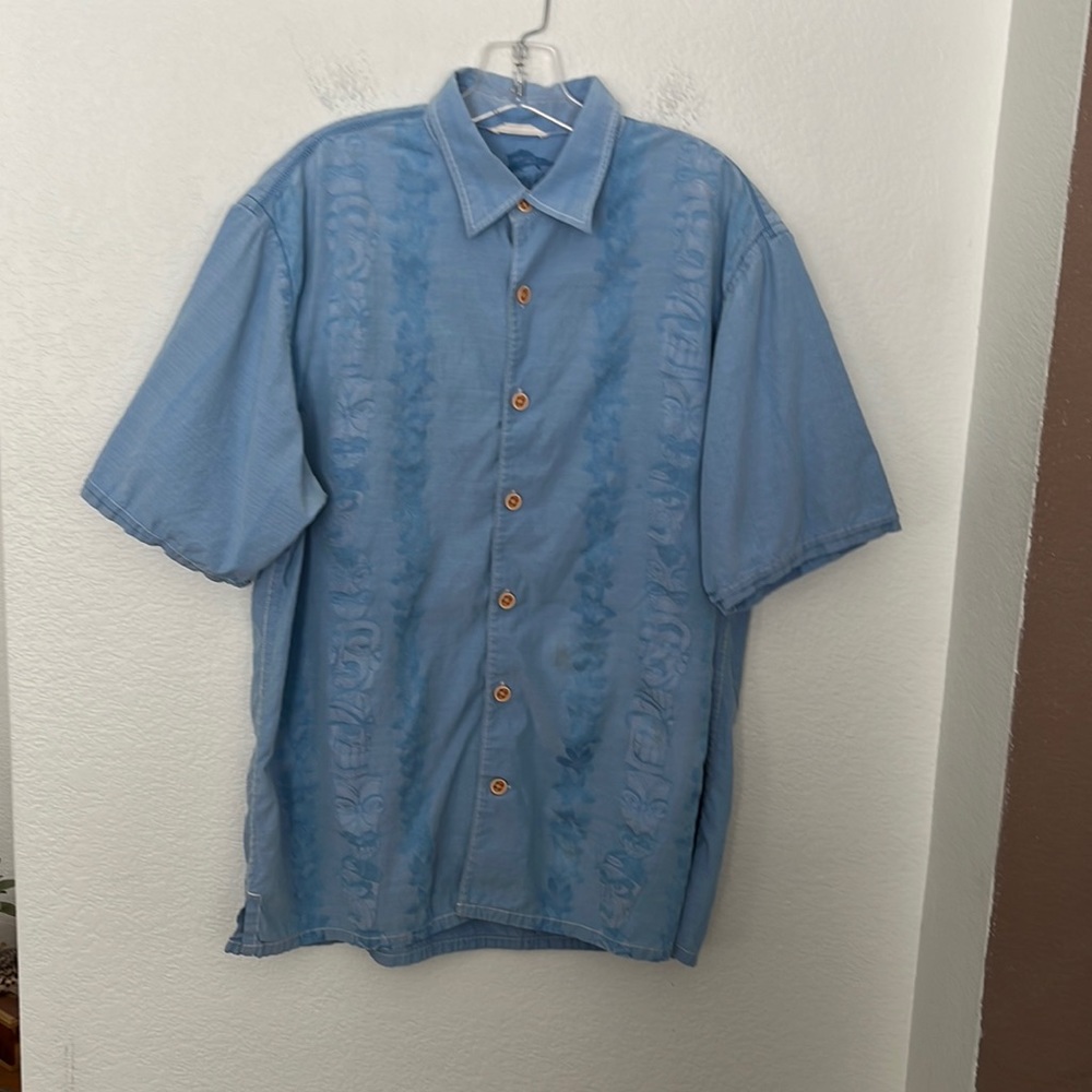 🏝💙RARE VINTAGE TOMMY BAHAMA HAWAIIAN TIKI SHIRT SIZE L SKY BLUE GREAT COND